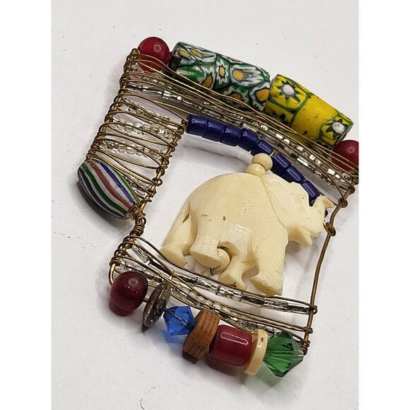 Boho Folk Art Elephant Pendant Mixed Media Beaded Wire Vintage Jewelry Piece - Picture 10 of 11